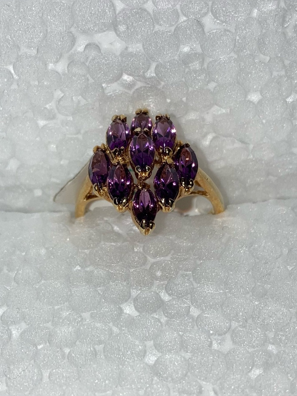 Gold Ring with Purple Marquise Gemstones - Elegant Cluster Design